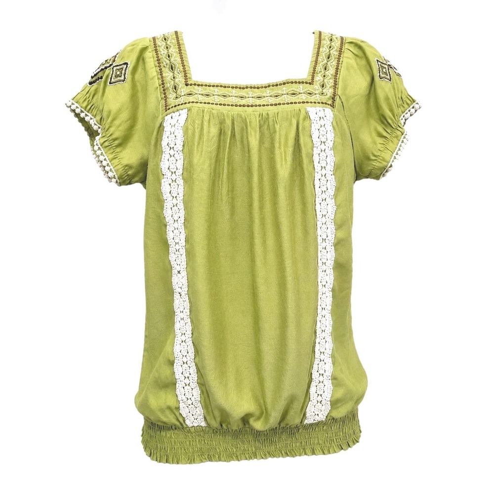 HeartSoul Sm Green Boho Peasant Top Square Neck Crochet Trim Cottagecore Fairy